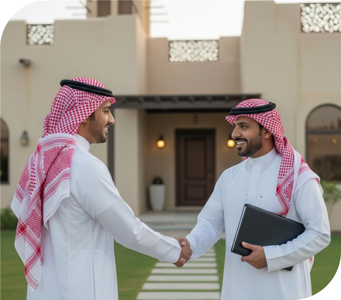 Handshake in front of a modern home